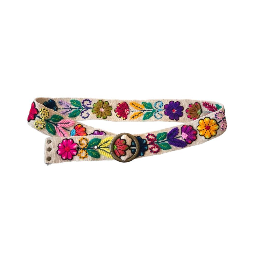 Boho Relaxed Hand Embroidered Floral Fabric Belt Colorful Vivid Artisan Unique